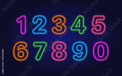 Collection of Numbers. Neon. Glowing Contour Vector Numbers.
