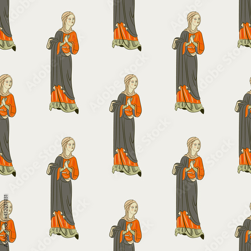 Seamless pattern with beautiful standing medieval women. On white background.