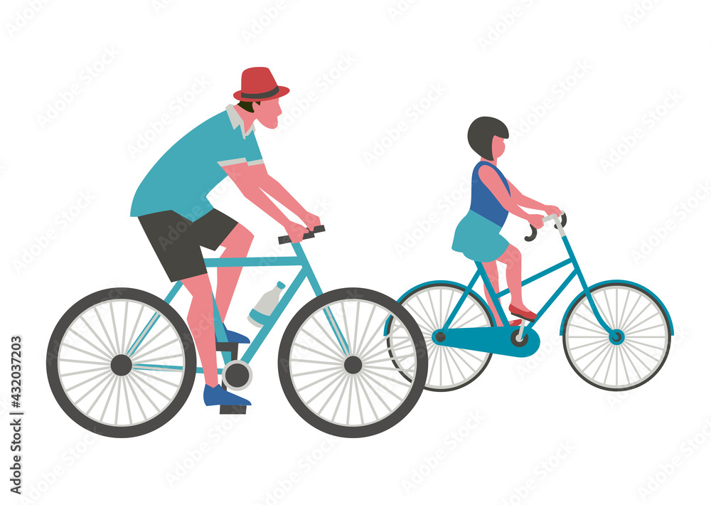 Dad, Daughter ride bicycle flat color vector. Father, baby kid cute cartoon design element. Family active sport leisure activity. Parent, child together summer adventure outdoor bicycling illustration