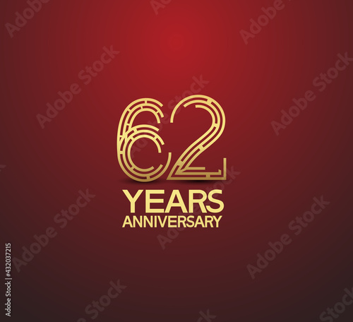 62 years golden anniversary logotype with labyrinth style number isolated on red background. vector can be use for template  company special event and celebration moment