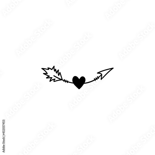 Single hand drawn arrow with heart. Doodle vector illustration. Isolate on a white background