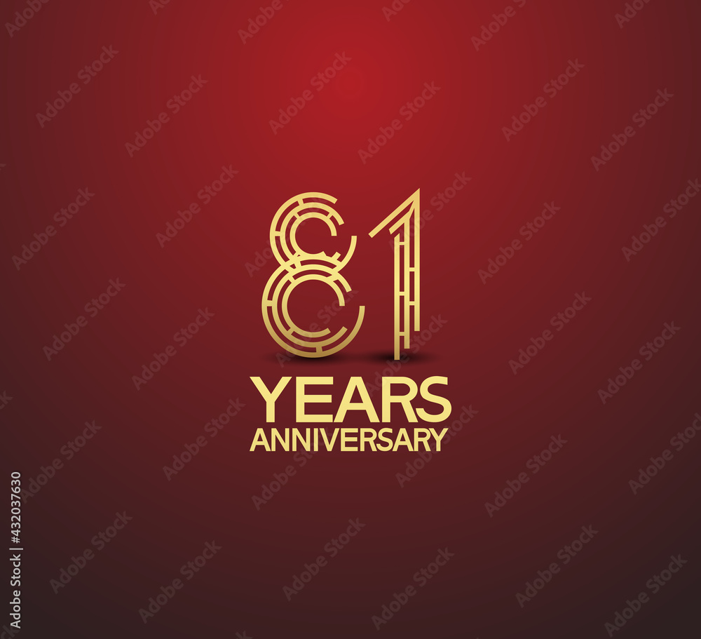 81 years golden anniversary logotype with labyrinth style number isolated on red background. vector can be use for template, company special event and celebration moment
