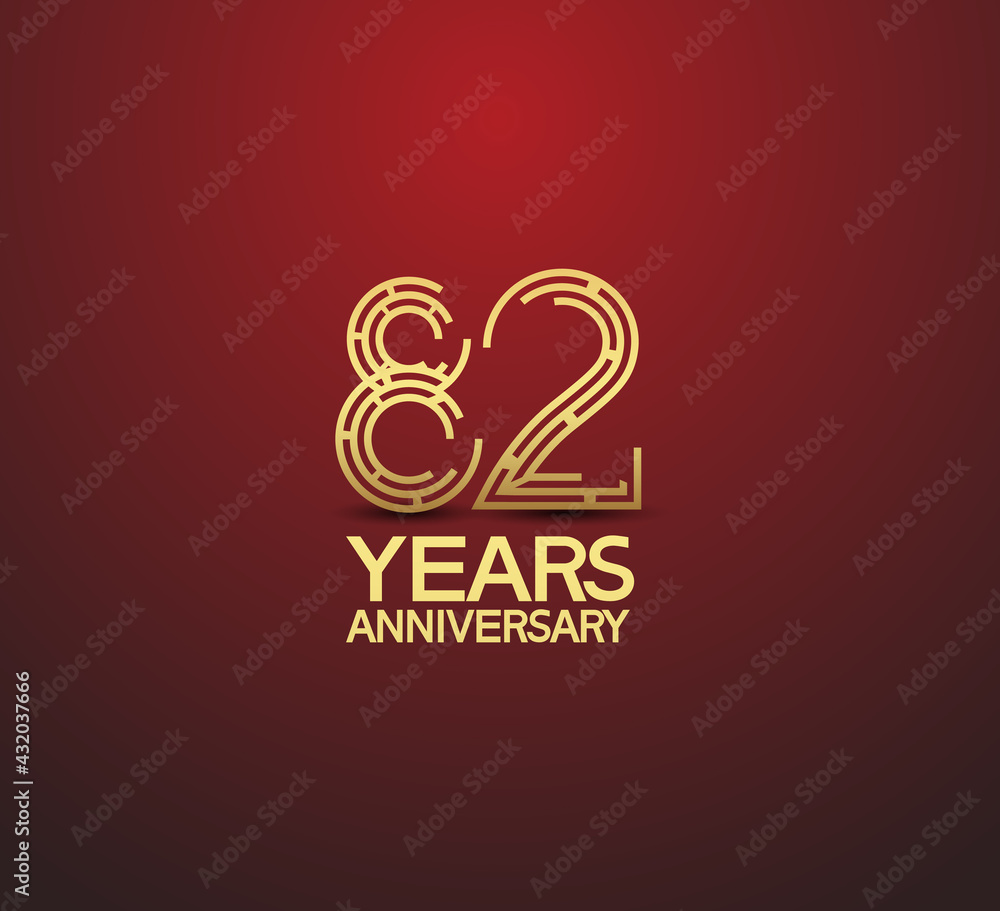 82 years golden anniversary logotype with labyrinth style number isolated on red background. vector can be use for template, company special event and celebration moment