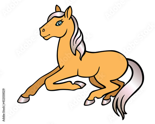 Little foal of palomino suit lying on the ground - vector full color illustration. A cute, cheerful foal with a light mane and golden body. The little horse is resting.