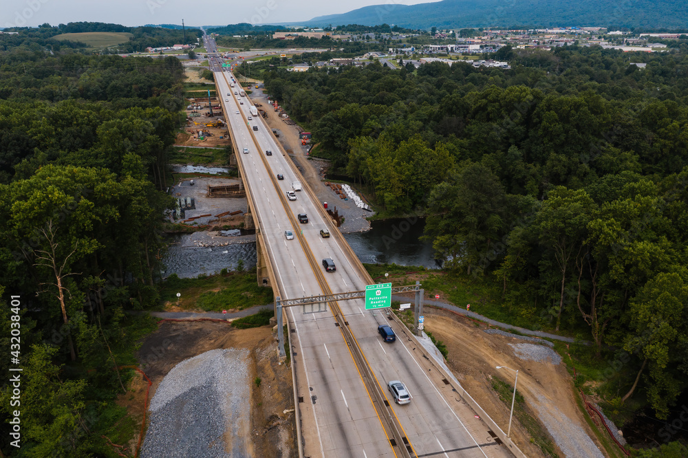 Aerial of Interstate 78 Construction + Open Spandrel Arch Bridge Replacement Schuylkill River