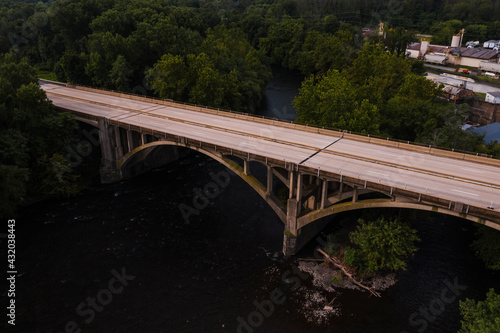 Aerial of PA Route 61 Construction + Open Spandrel Arch Bridge Replacement - Schuylkill River - Hamburg, Pennsylvania