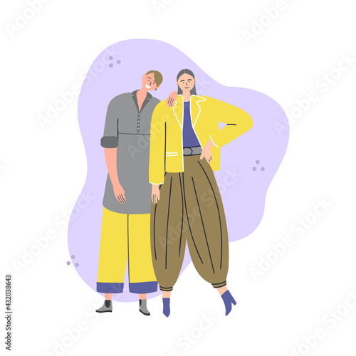Two young happy people standing together. Androgynous teenagers wearing gender neutral clothes. Gender identity, transgender, genderqueer. Vector hand drawn flat illustration