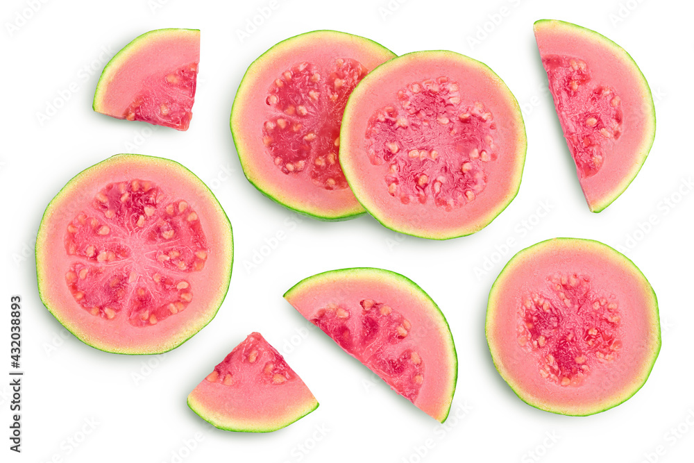 Guava fruit slices isolated on white background with clipping path and full depth of field. Top view. Flat lay Guava fruit slices isolated on white background with clipping path and full depth of field. Top view. Flat lay