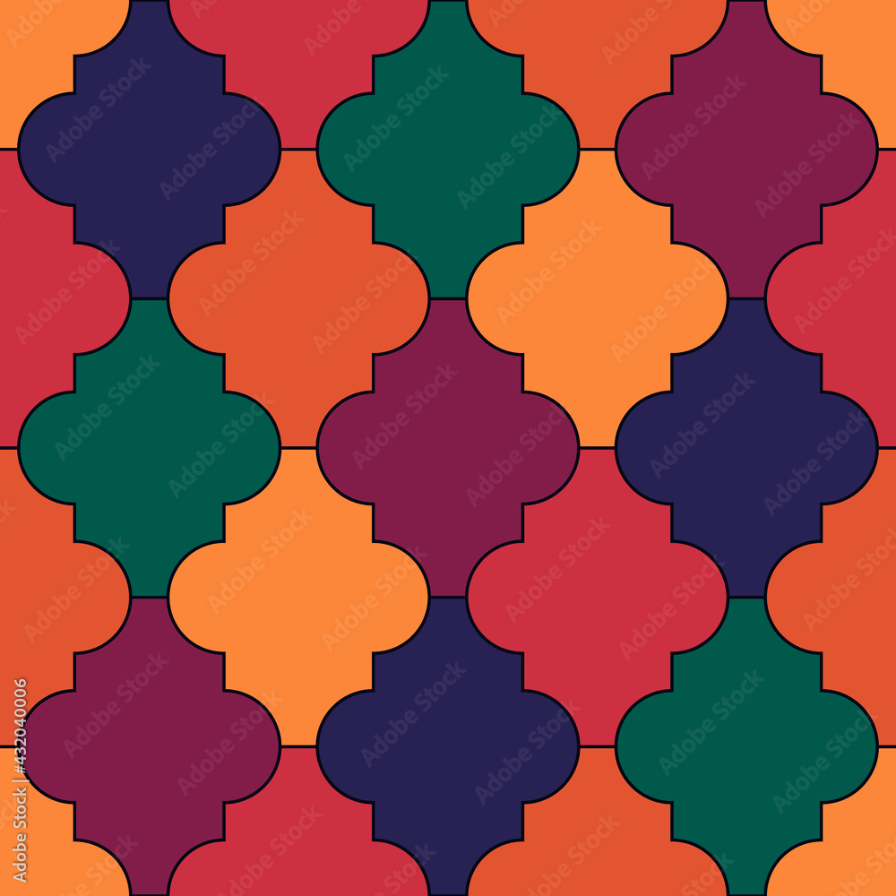 Seamless pattern. Ogee tiles ornament. Oriental traditional ornamentation. Repeated lantern shapes. Mosaic wallpaper. Tiles motif. Geometric digital paper, ethnic textile print, web design.