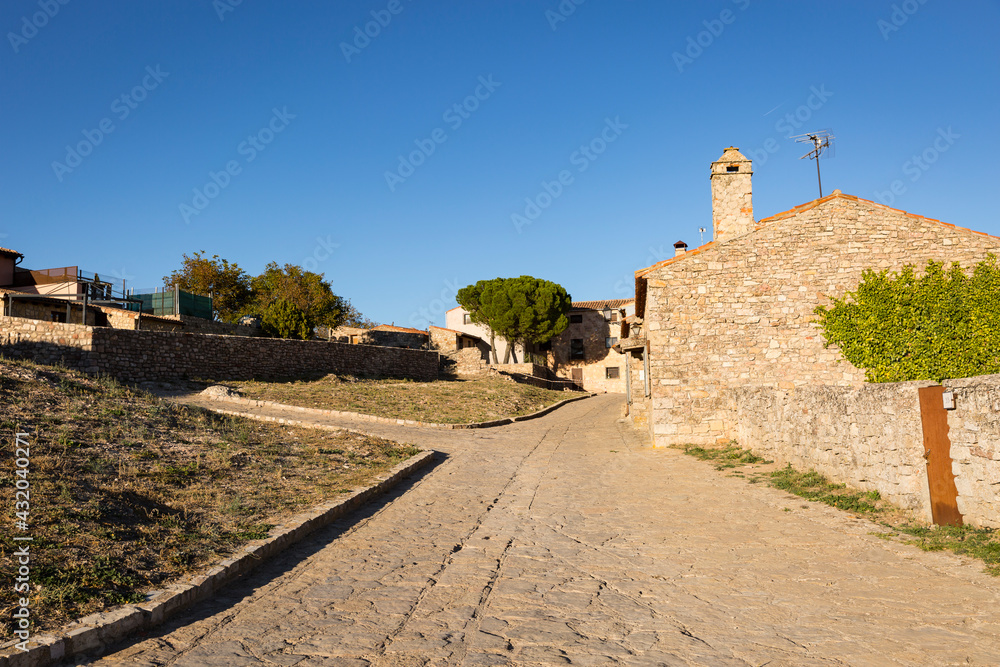 a cobbled street with traditional houses in Medinaceli, province of Soria, Castile and Leon, Spain