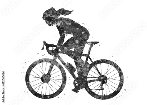 Road biker girl black and white watercolor art, abstract sport painting. sport art print, watercolor illustration artistic, greyscale, decoration wall art. © Yahya Art