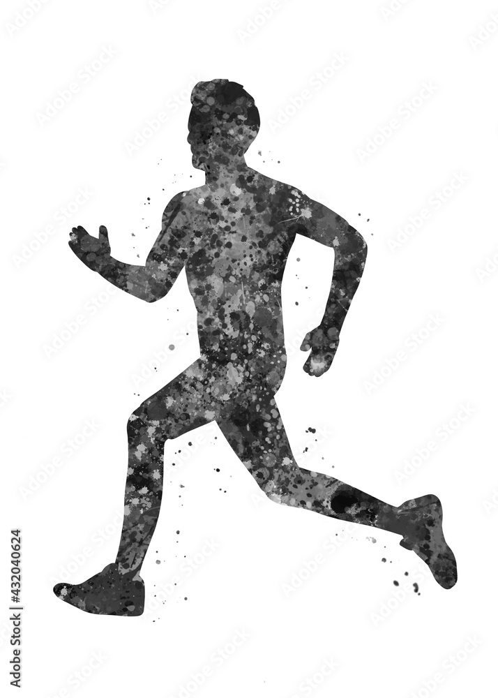 Runner black and white watercolor art, abstract sport painting. sport art print, watercolor illustration artistic, greyscale, decoration wall art.