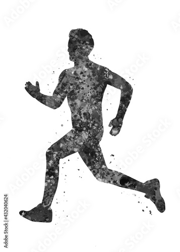 Runner black and white watercolor art  abstract sport painting. sport art print  watercolor illustration artistic  greyscale  decoration wall art.