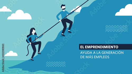 El Emprendimiento. Vector concepto personas escalando una montaña. Empresarios trabajando en equipo, subiendo una montaña.