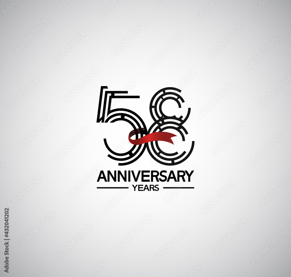 58 years anniversary logotype flat design with labyrinth style number and red ribbon. vector can be use for template, company special event and celebration moment