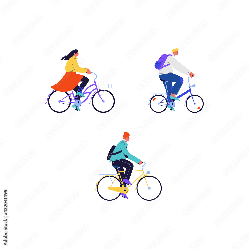 Set of flat illustrations of different people wearing casual clothes riding vintage city bikes Set of flat illustrations of different people wearing casual clothes riding vintage city bikes