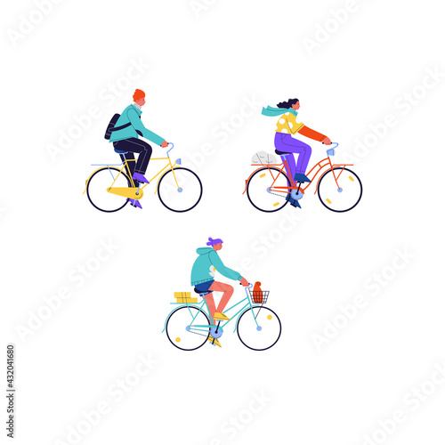 Set of flat illustrations of different people wearing casual clothes riding vintage city bikes