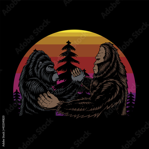 Bigfoot and gorilla brothers retro vector illustration