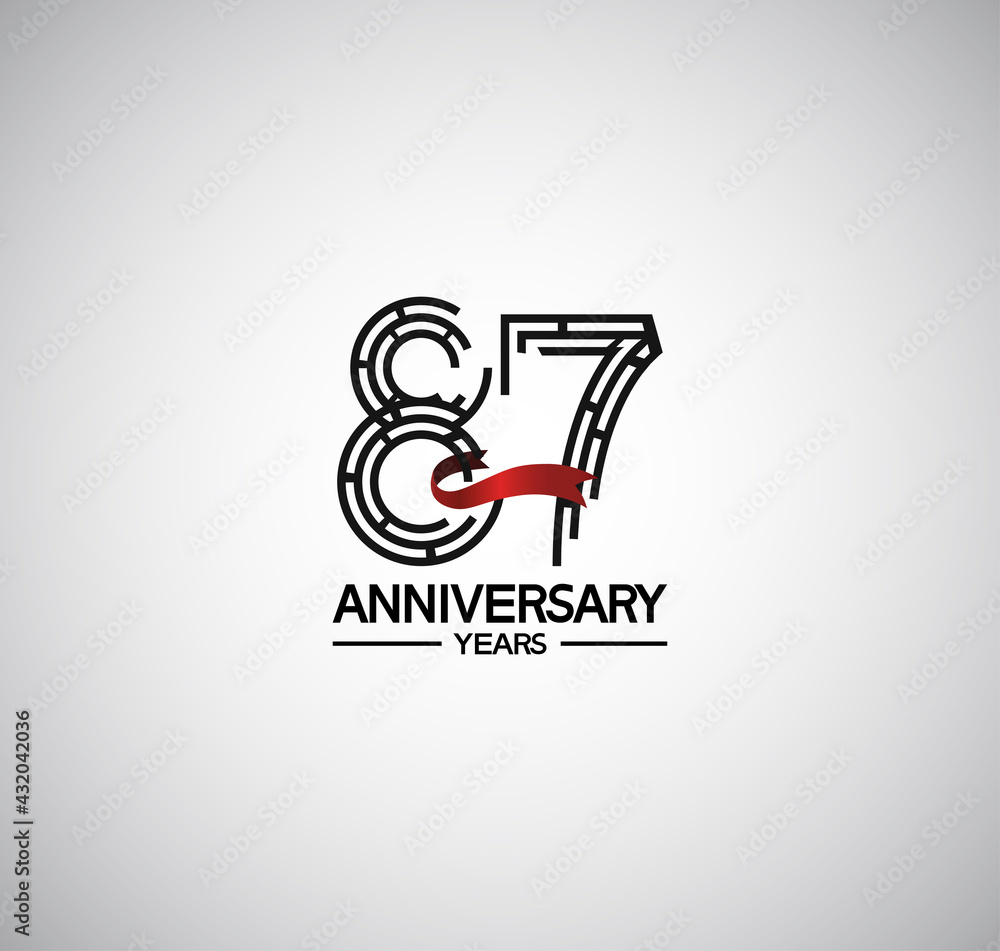 87 years anniversary logotype flat design with labyrinth style number and red ribbon. vector can be use for template, company special event and celebration moment