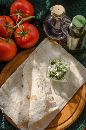 Armenian thin lavash and cottage cheese with herbs