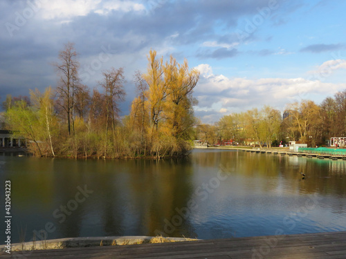 Moscow. Spring in the Gorky Park of Culture.The most popular park in Moscow. Park paths. Lake.