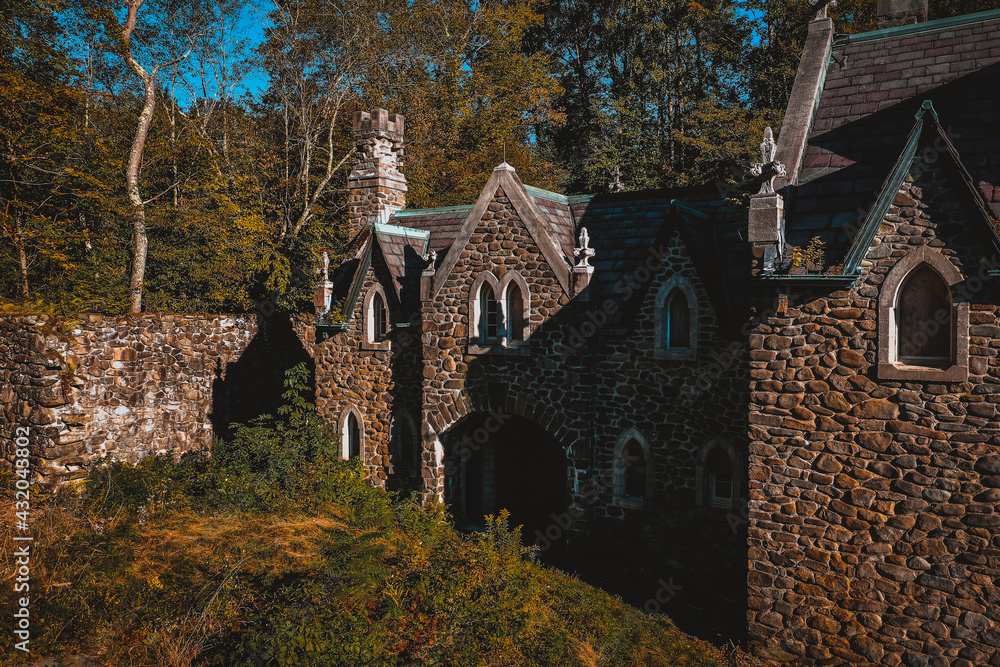 Aerial of Historic & Abandoned Dundas Castle - Fairy Tale / Elizabethan & Gothic Revival Architecture - Catskill Mountains - New York