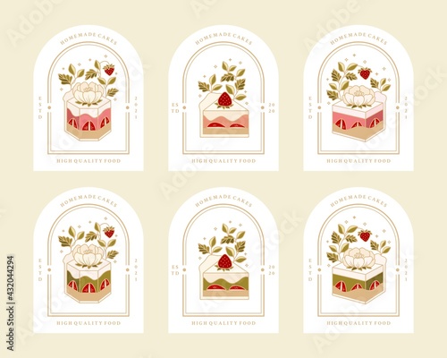 Collection of vintage bakery, pastry, cake logo and food label with strawberry, rose, peony flower elements