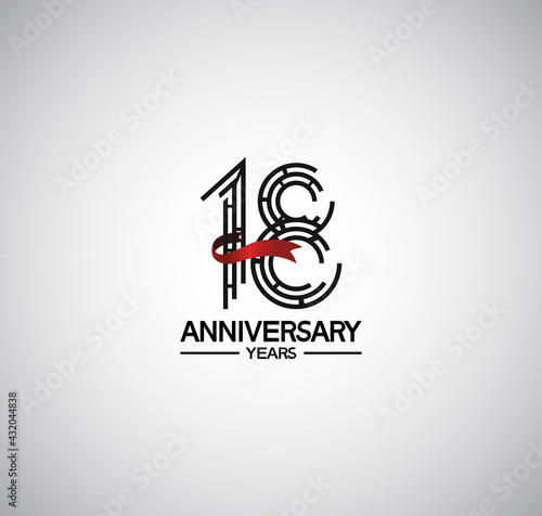 18 years anniversary logotype flat design with labyrinth style number and red ribbon. vector design for template company event