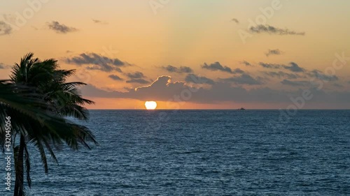 Dramatic Sunrise Time lapse over ocean from Kauai Hawaii with palm tree 