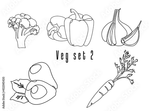 Line art flat graphical style fancy quality set of vegetable hipster icon set. Bell pepper, broccoli, garlic, avocado, carrot. Linear outline collection in white background.