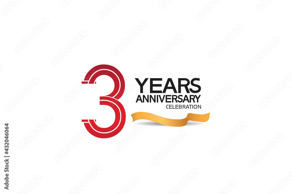 3 years anniversary template with red color number and golden ribbon. vector can be use for greeting card, invitation and celebration event