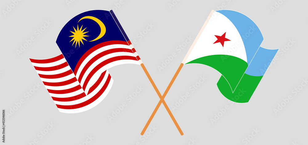 Crossed and waving flags of Malaysia and Djibouti