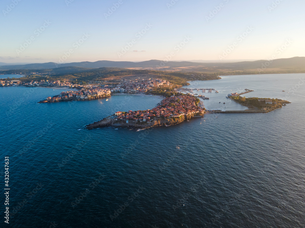 Aerial sunset view of old town of Sozopol, Bulgaria