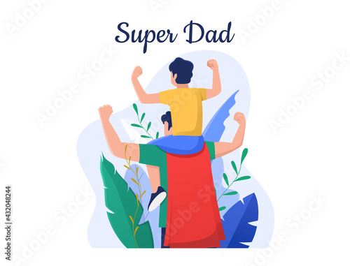 dad with superheroes costume carry son on his shoulder and clenched his hands up, Happy Fathers day design concept, can use for, landing page, template, ui, web, homepage, poster, banner, flyer