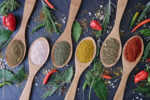 Fototapeta Naklejka Na Ścianę i Meble -  Multitude of spices on wooden spoons