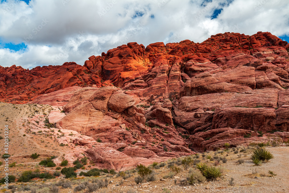 Sunny and Cloudy Morning Wall of Aztec Sandstone Calico Hills Red Rock Canyon from Calico 1 Overlook Sunny and Cloudy Morning Wall of Aztec Sandstone Calico Hills Red Rock Canyon from Calico 1 Overlook