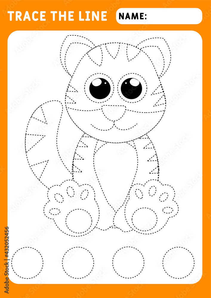 Fototapeta premium little tiger. Preschool worksheet for practicing fine motor skills - tracing dashed lines. Tracing Worksheet. Illustration and vector outline - A4 paper ready to print.
