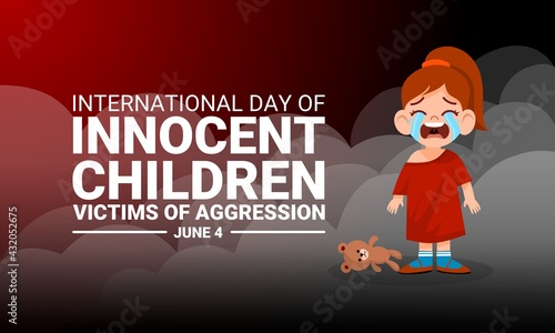 Vector illustration of little girl crying against the background of smoke from the war, as a banner, poster or template for International Day of Innocent Children Victims of Aggression.