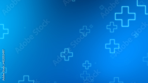Medical health blue cross neon light shapes pattern background. Abstract healthcare technology and science concept.
