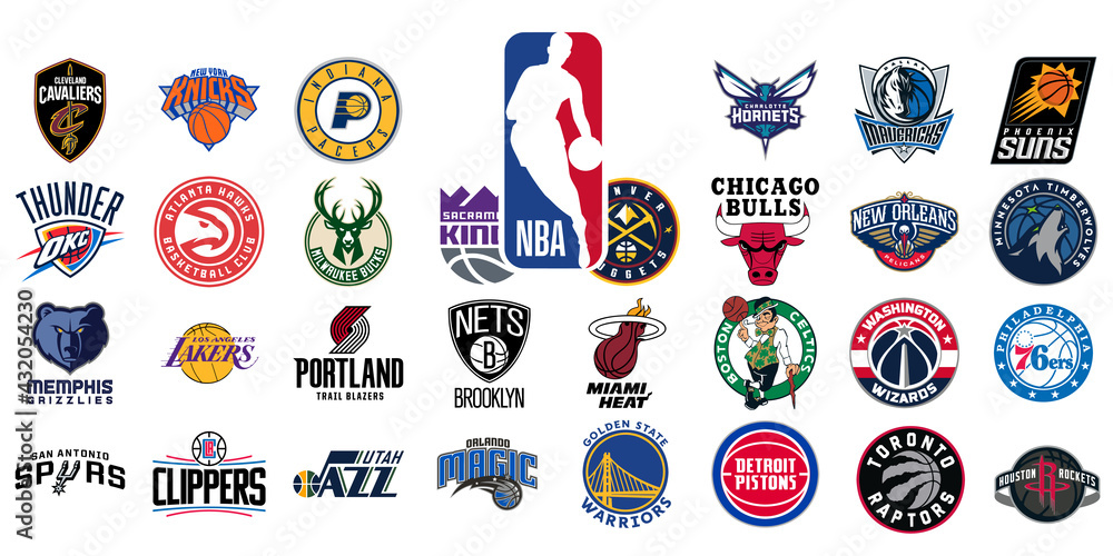 SAINT-PETERSBURG, RUSSIA, MAY 06 2021: Logo of all National Basketball  Association teams. NBA team icons. Set all the new basketball teams logos.  Vector eps illustration. Stock Vector