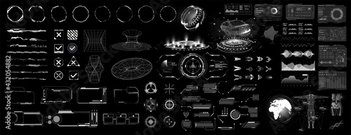 Abstract digital technology UI,UX Futuristic HUD, FUI, Virtual Interface. Callouts titles and frame in Sci- Fi style. Bar labels, info call box bars, body, car. Futuristic info boxes layout templates