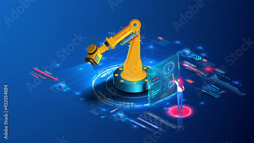The girl conducts industrial maintenance of the mechanized arm. Factory automated manual repair of machine tools. The worker programs on the task dashboard. Robotics expert flat vector illustration