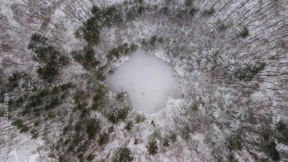 Aerial of Frozen Fresh Water Pond - Snowy Hanging Rock Ponds - Hanging Rock, Wayne National Forest - Ohio Aerial of Frozen Fresh Water Pond - Snowy Hanging Rock Ponds - Hanging Rock, Wayne National Forest - Ohio