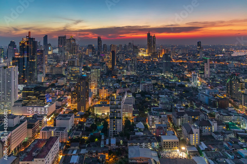 Sunset panorama aerial view in the middle of Bangkok cityscape skyline .Night scene before sunrise   Thailand.