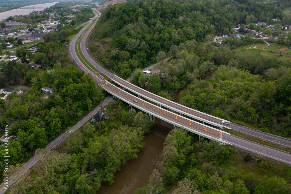 Aerial of OH Route 7 Freeway - Twin Girder Bridges Over Waterway - Chesapeake, Ohio