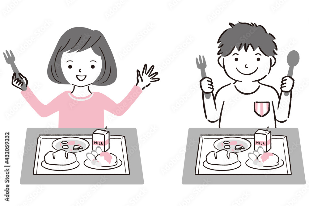 手書き線画イラスト 給食を食べる男の子と女の子 Stock Vector Adobe Stock