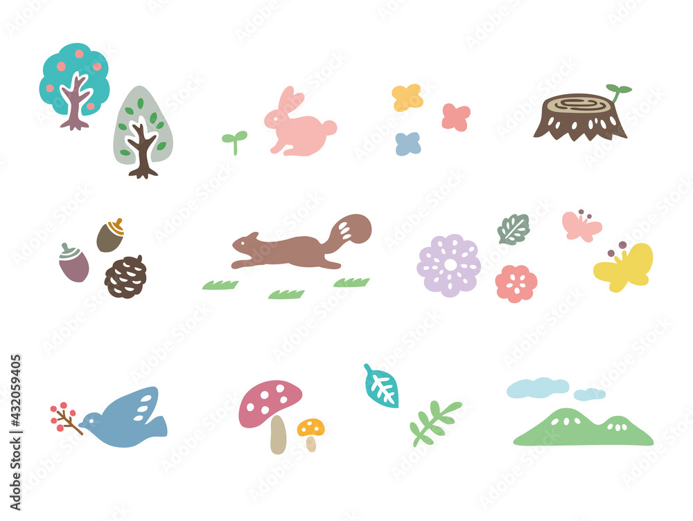 森 小動物 花 植物 かわいいイラストセット Stock Vector Adobe Stock