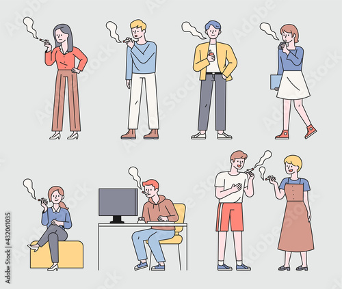 Neighbors are being damaged by people who smoke in apartment windows. flat design style minimal vector illustration.