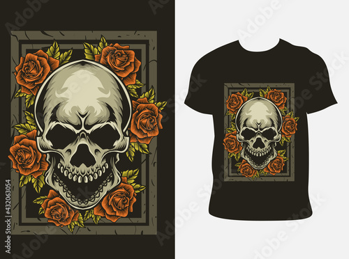 illustration vector skull rose head with t shirt design photo