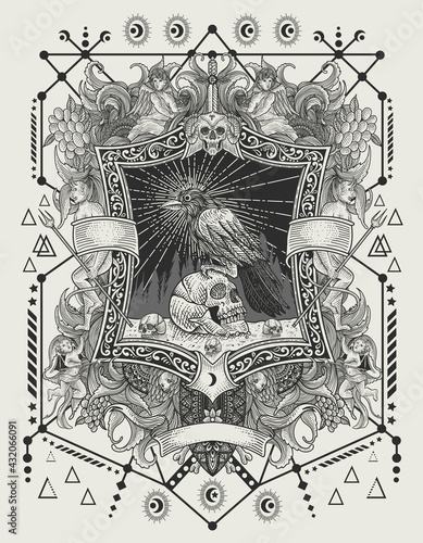 illustration vector gothic crow bird with skull on vintage engraving ornament